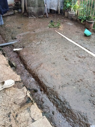A muddy outdoor space features a cracked concrete area with a white Croc shoe. A hose and pipe run along the ground. The adjacent muddy surface leads to a makeshift shelter with hanging fabric. Potted plants sit near a fence. A long piece of wood lies diagonally across the ground, and a green object is near the fence. It appears to be raining, causing puddles and enhancing the mud.
