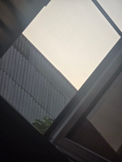 The image is a low-angle, eye-level shot looking upwards through a skylight. The skylight is framed by dark, wooden beams, creating a diagonal division in the composition. The upper portion of the skylight is a plain, light-colored surface, possibly a translucent screen or a frosted glass, letting in diffuse light.
Below this, a portion of a dark, corrugated roof is visible, its wavy texture running diagonally. To the right of the roof, another section of the structure is visible, with dark brown wooden framing that creates a sharp, angular shadow across the light-colored surface of the skylight.
In the lower left quadrant of the image, a small cluster of green leaves from a plant is visible, peeking from beneath the roofline. The overall impression is of an interior space looking out at a roof and sky. There are no people or discernible actions taking place. The setting appears to be residential or commercial. There are no specific landmarks or features that would indicate the location in Avtury, Russia.