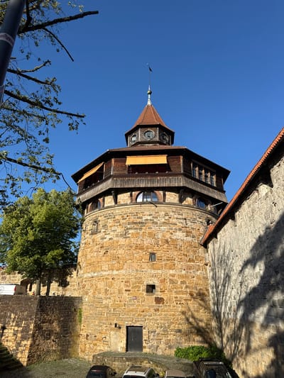 This image depicts the medieval Esslingen Castle tower, known as the "Dicke Turm" (Fat Tower), in Esslingen am Neckar, Germany. The tower is constructed of rough-hewn, golden-brown stones and features a distinctive octagonal wooden structure at its upper levels, capped by a red-tiled conical roof topped with a small spire and flag. Several round windows are visible on the wooden section, some with bright orange awnings. The stone lower section has a few small, square windows and a dark wooden door.

To the right of the tower, a section of another stone wall with a red-tiled roof is visible, casting a shadow from a tree onto its surface. In the foreground, a cobblestone ground area is visible, with parked cars. To the left of the tower, a portion of a dark metal pole, likely a lamppost, is present, along with branches of a leafy tree reaching into the frame. A green tree stands behind a lower section of stone wall to the left. The sky is a clear, bright blue. The scene is bathed in sunlight, creating strong shadows.