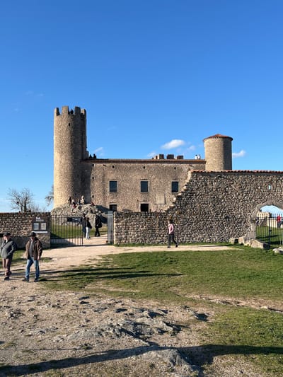 An outdoor scene in Chambles, France, depicts a stone castle-like structure under a clear blue sky. The main building features a prominent cylindrical stone tower with crenellated battlements on the left, and a shorter cylindrical tower with a conical red-tiled roof on the right. The central section consists of a stone building with several rectangular windows. Extensive stone walls, some partially ruined, extend across the mid-ground, featuring an open arched passageway on the right and an open black metal gate on the left.
In the foreground, two adult males stand on a dirt path. The male on the left wears a grey jacket and brown pants; the male on the right wears a brown jacket, blue jeans, and holds a walking stick in his right hand. Directly behind them, near the open gate, are informational signs. Several individuals are visible near and passing through this gate. A rocky incline leads up to the main castle building, where a group of people, including children, are seated or standing. On the castle's roofline and battlements, additional individuals are observed near both towers. A female figure in a pink long-sleeved top and dark pants walks leftward across a grassy patch in the mid-ground. The ground consists of rocky dirt paths and areas of green grass, with strong sunlight casting distinct shadows. Sparse leafless trees are visible on a distant hill to the far left.