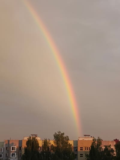 A rainbow arcs across a pale sky above a row of colorful apartment buildings in Biaroza, Belarus. The buildings are low-rise and appear to be residential, with visible windows and balconies. Trees with green foliage partially obscure the lower portions of the buildings. The sky is mostly clear, with a faint haze. There are no people visible in the image. The scene appears to be captured during daylight hours.