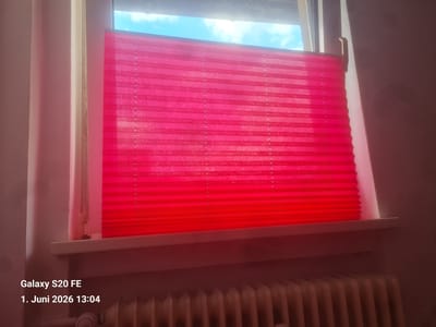 The image shows a window in Bingen am Rhein, Germany. The window is covered by a red pleated blind. Outside, the sky is visible with some clouds. Below the window is a radiator. The text "Galaxy S20 FE, 1. Juni 2026 13:04" is present in the lower left corner.