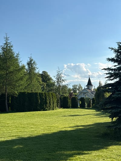 The image displays a serene and meticulously maintained garden estate under a bright, clear sky. In the foreground and stretching towards the mid-ground, a vast expanse of emerald green lawn is visible, featuring distinct stripes from recent mowing. Long, dark shadows are cast across the grass, suggesting it is late morning or early afternoon with strong sunlight.

Dense, tall hedges form a structured boundary through the middle ground, while various coniferous trees, including pines and spruces, frame the scene from the left and top. Behind the hedges and trees, a distinctive, elegant house stands as a focal point. It is light-colored, possibly white or pale yellow, and characterized by a prominent dark, pointed turret roof topped with a decorative finial. Intricate architectural details, reminiscent of Victorian design, are visible along its structure. Some white, decorative elements, possibly trellises or a gazebo, are also discernible near the house.

The sky is a brilliant blue, adorned with scattered, fluffy white cumulus clouds, indicating fair weather. No people or specific activities are visible, contributing to the tranquil and undisturbed atmosphere of the scene. There is no visible text in the image. The setting evokes a sense of grandeur and careful upkeep, consistent with a large private residence or a public garden, located in Nadezhda, Russia.