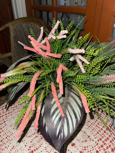 The media file displays a close-up, overhead view of a decorative artificial plant arrangement. The arrangement features a variety of green foliage, some resembling ferns and others with feathery textures. Interspersed among the green leaves are pink and light purple spiky floral elements. A prominent, dark leaf with striking light green stripes is also visible, adding a bold contrast to the softer textures and colors of the rest of the plant.
The plant is positioned on a surface covered with a white and red crocheted doily. The doily has a intricate, openwork pattern. In the background, to the left, a portion of a wooden structure, possibly a table or furniture, is visible. The wood appears to be a warm, reddish-brown hue. The lighting suggests it might be evening or indoors, as shadows are cast by the plant onto the doily.
There is no activity taking place, as the subjects are inanimate objects. The scene is a still-life composition, likely staged for aesthetic purposes. The setting is suggestive of an indoor environment, perhaps a home or a venue decorated for an event. No people are visible, and the overall mood is calm and decorative. No text is visible in the image. The location context provided is Bandarbireuen, Indonesia, but there are no specific visual cues within the image that confirm this location.