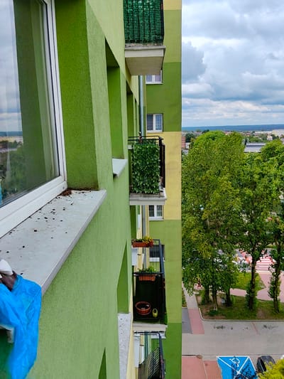 The image captures a close-up, high-angle view of a green and yellow apartment building in Płock, Poland. The building features multiple balconies with green railings and some are adorned with potted plants. One balcony has a lush green covering that appears to be a facade of artificial or living plants. On a windowsill in the foreground, there is a blue plastic bag and debris. The background reveals a cityscape with numerous trees and buildings under a cloudy sky. A street with a pedestrian crossing and a blue parking spot for disabled individuals is visible at the bottom right. No people are clearly depicted in the scene.