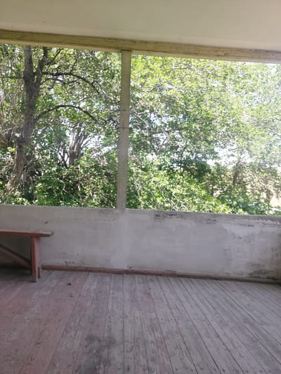 This is a wide-angle, eye-level exterior shot of a porch or veranda of a building in Areni, Armenia. The foreground is dominated by a wooden floor made of weathered, light-colored planks. To the left, a portion of a simple wooden bench, stained a reddish-brown, is visible. The bench is angled and appears to be supported by diagonal braces.

A low, rough concrete wall runs horizontally across the middle of the frame, forming a barrier. Beyond this wall, a dense canopy of green trees with visible branches fills the background. The trees are lush and leafy, suggesting a warm season. Two vertical concrete pillars are situated within the tree line, supporting the overhead structure of the porch. The ceiling of the porch is a light-colored, flat surface. The lighting suggests it is daytime, with sunlight filtering through the leaves. There are no people visible in the scene.