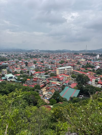 The image is an elevated, wide-angle view of the city of Tam Thanh Ward, Vietnam, on an overcast day. The foreground consists of lush green vegetation, including trees and small flowering plants with white and yellow blossoms. Beyond the foliage, the dense urban landscape of Tam Thanh unfolds, characterized by numerous buildings with predominantly red-tiled roofs. The architecture appears to be a mix of residential homes and multi-story buildings, some with balconies and cream or white facades.

In the mid-ground, a large, light-colored, multi-story building with yellow trim stands out, possibly a school or administrative building, with a flagpole in front. Further into the background, more buildings are visible, stretching towards a range of low, hazy mountains. A tall radio tower is positioned on the right side of the background. A few vehicles, including cars, are discernible on some of the streets that wind through the city. Construction activity is evident in one area, with blue tarps covering what appears to be building materials. The overall impression is of a moderately sized city nestled within a hilly, vegetated landscape under a cloudy sky.