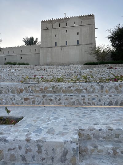The image depicts the Hatta Fort/Heritage Village in Hatta, United Arab Emirates. A multi-story, light-colored, traditional-style fortress or watchtower with crenellated parapets and small rectangular windows stands prominently in the background. A lower, similarly constructed wall extends to the left of the main tower, also featuring crenellations and small openings. Several dark wooden beams protrude from the upper sections of the fortress. In front of these structures, a series of wide, terraced steps or retaining walls constructed from irregular grey and brown stones set in cement mortar descend towards the foreground. Integrated into these stone tiers are planter beds containing green foliage with scattered pink and purple blossoms, resembling bougainvillea. A thin, horizontal strip of warm-toned light is embedded into one of the lower, flatter stone surfaces in the foreground. The sky above is clear and light-toned. Sparse green trees, including a palm tree, are visible behind and to the sides of the fortress. No people or animals are present in the scene.