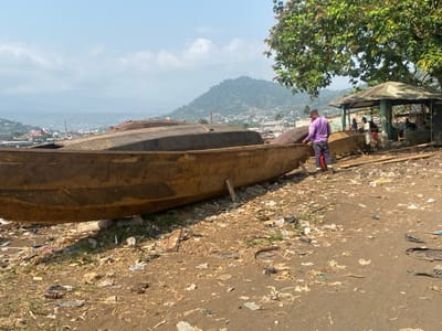 This media file depicts an outdoor scene at a boat-building or repair site, likely in Victoria, Cameroon. In the foreground, two large, unfinished or under-repair wooden boats, resembling traditional dugout canoes, are resting on wooden supports on dry ground. Their raw timber construction is evident.
A man, dressed in a purple long-sleeved shirt, dark pants, and a cap, stands next to one of the boats, seemingly involved in its construction or maintenance. Further back, under the shade of a large tree with lush green foliage, there is a simple, open-sided shelter or gazebo with a light-colored roof. Several people are visible gathered within or near this shelter, appearing to be resting or observing the activity.
The ground across the scene is unpaved dirt, heavily strewn with various forms of debris, including plastic bottles, discarded wood pieces, and other refuse, indicative of a working area.
In the background, a hilly landscape rises, densely populated with buildings, suggesting an urban or semi-urban settlement extending towards the horizon. The sky is bright and mostly clear, indicating sunny weather during the daytime. The overall impression is one of active industry in a coastal or riverside community, where traditional craftsmanship is practiced amidst a developing environment. There is no visible text in the image.