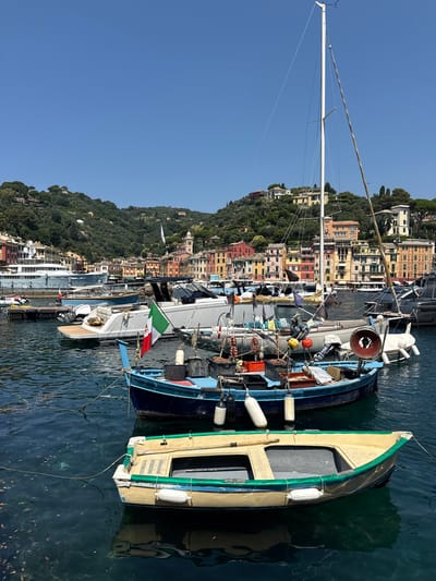 The image depicts a sunny day in the harbor of Portofino, Italy. The water is clear and dark blue, with some debris floating on the surface. Several boats are moored in the foreground, including a small, weathered blue fishing boat and a lighter-colored dinghy. The fishing boat has a net, buoys, and a red and white fishing lure hanging from it, along with an Italian flag. The dinghy is empty and appears to be made of fiberglass. In the background, a larger sailboat with a white mast is anchored. Beyond the boats, the iconic colorful buildings of Portofino line the waterfront, cascading up the lush green hills that surround the harbor. The buildings display a variety of warm colors, from yellow and pink to orange and red. Several trees and vegetation cover the hillside, with some buildings visible nestled among them. The sky is a clear, bright blue. No people are visible in the image.