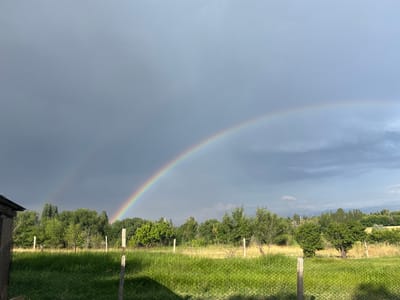 A wide shot shows a double rainbow arcing across a stormy, overcast sky. The foreground is a grassy field with a wire fence. To the left, part of a rustic wooden structure is visible. Beyond the fence, a line of lush green trees stretches across the horizon, with a darker, mountainous landscape in the distance. The scene appears to be set in the rural area of Жібек жолы ауылдық округі, Kazakhstan.