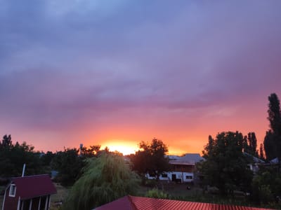 The image depicts a vibrant sunset over a rural residential area, likely in Mingchinar (Blagoveshchensky), Uzbekistan. The sky is a gradient of colors, transitioning from a soft lavender at the top to a fiery orange and yellow near the horizon where the sun is setting. Scattered clouds add texture to the sky, catching the warm hues of the sunset.
In the foreground, a red-roofed structure with a small window and an open porch-like area is visible on the left. To the right and center, several houses with grey tiled roofs are nestled amongst lush green trees and vegetation. One house features an open-sided covered patio. The trees are dense and vary in size and type, with a large weeping willow-like tree prominent in the mid-ground. In the distance, more trees and structures are silhouetted against the colorful sky. The overall impression is one of a peaceful evening scene in a village setting.