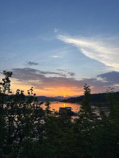 The image depicts a sunset over a large body of water in Brosh, Bulgaria, framed by dark foreground foliage. The sky transitions from a light, clear blue at the top to vibrant oranges, yellows, and purples near the horizon, where the sun is setting. Scattered gray and white stratocumulus clouds are present in the mid-sky, with a prominent, elongated cirrus-like cloud formation extending diagonally from the upper right.
The sun, a distinct orange-yellow disc, is partially obscured by distant, dark mountain ranges or hills on the horizon. Its intense light creates a luminous reflection path across the water, illuminating the surface with shades of gold and orange. The body of water appears calm, with subtle ripples visible in the reflected light.
In the mid-ground, on the water, a small yellow structure resembling a boathouse or floating dwelling with a dark roof is visible, positioned on a platform. Additional indistinct structures or small vessels are scattered further across the water and along the distant shoreline. The distant land is heavily forested, appearing dark against the bright sky.
The immediate foreground is dominated by the dark silhouettes of dense tree branches and leaves, obscuring the lower portion of the scene. These trees appear to be deciduous, with full foliage, and are heavily underexposed due to the strong backlight from the setting sun. No individuals or animate subjects are visible in the scene, which portrays a tranquil natural landscape at dusk.