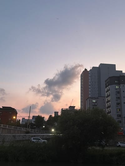 This image depicts an urban scene in Uijeongbu-si, South Korea, during what appears to be dusk. The sky is a gradient of soft blues and pinks, suggesting the transition from day to night, with scattered clouds.
Dominating the background are several multi-story buildings, likely residential or office complexes, characterized by their uniform window patterns. One building is particularly prominent, featuring a mix of gray and reddish-brown facades. To the right of the buildings, a dense cluster of trees creates a dark, shadowy mass, obscuring much of the lower right portion of the frame.
In the foreground, a white car is parked beside a paved walkway or road. A metal railing runs along a raised embankment, possibly part of a park or riverside path. Streetlights are visible, casting a warm glow, indicating that the day has ended and artificial illumination is starting to take over. A construction crane is also visible in the distance, hinting at ongoing development in the area.
There are no visible people in the frame. The overall mood is calm and transitional, with the natural light of dusk interacting with the man-made structures of the city. No discernible text is present in the image.