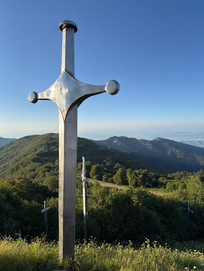 This is a vertical, close-up shot of a large, polished metallic sword sculpture, positioned diagonally across the frame. The sword's hilt and part of the blade are in sharp focus in the foreground, with its shiny surface reflecting the bright blue sky. The sword appears to be made of metal with a polished, reflective finish.
The background is a lush, green mountainside, densely covered in trees. A winding road is visible on the mountainside. In the distance, hazy mountains and a body of water can be seen, suggesting a broad landscape. The scene is illuminated by bright sunlight, indicating it is likely daytime, possibly late afternoon due to the long shadows and warm light.
The overall mood is one of grandeur and perhaps a sense of monumentality, given the scale of the sword sculpture and its prominent placement against the natural landscape. The image's orientation and the focus on the sword suggest it is the primary subject. The location is identified as Zemo Nichbisi, Georgia. There is no visible text in the image.