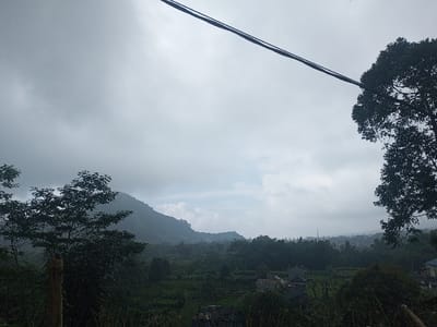 A cloudy sky hangs over a verdant valley nestled among hills and mountains. Scattered trees and low-lying buildings dot the landscape. In the foreground, lush green foliage frames the view, while a power line cuts across the top of the frame. The scene exudes a sense of tranquility and overcast ambiance.