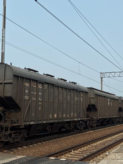 A long freight train with hopper cars is stationary on railroad tracks under a clear, pale sky. The train cars are dark gray and appear to be made of metal, with various markings and numbers visible on their sides, including "РЖД 902 513 07" and "6.0T (20M³) 120 KM/H". The train is positioned in Barabinsk, Russia, with overhead electrical wires and a signal gantry visible in the background. The ground consists of ballast, railroad ties, and a section of concrete platform. The scene is captured from a slightly elevated perspective, looking along the length of the train.