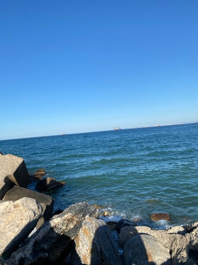 A horizontal shot depicts a blue sky on the left, transitioning to a body of water, possibly the Mediterranean Sea, on the right. The water appears slightly choppy with gentle waves. In the distance, what appear to be ships are visible. The foreground features large rocks, some of which seem to be part of a breakwater or coastal defense structure. The specific location is near Beau Fraisier, Algeria, judging by the coastal environment and the presence of a breakwater. No people are visible in the image. The environment is coastal with marine traffic in the distance.
