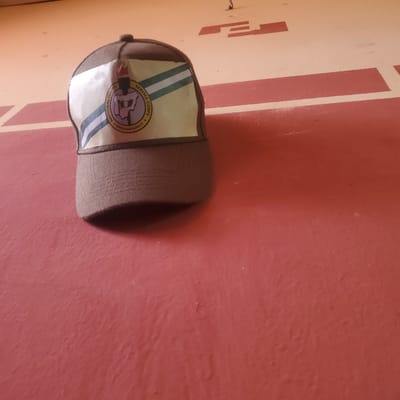 A brown baseball cap rests on a salmon-colored surface. The cap has a light-colored panel on the front, adorned with a circular emblem. The emblem features text in a circular arrangement, with "SERVICE CORPS" at the top and "NATIONAL YOUTH" at the bottom. Inside the circle, an image depicts a fist with an arm, and the words "SERVICE AND HUMILITY" are visible. Two green and white stripes run horizontally across the front panel of the cap, beneath the emblem. The background surface appears to be a floor or wall, with lighter orange and red stripes painted on it. The lighting suggests an indoor setting, possibly during the day. The overall impression is of an everyday object placed in a simple, possibly functional, environment. There are no people or animals visible in the image.
