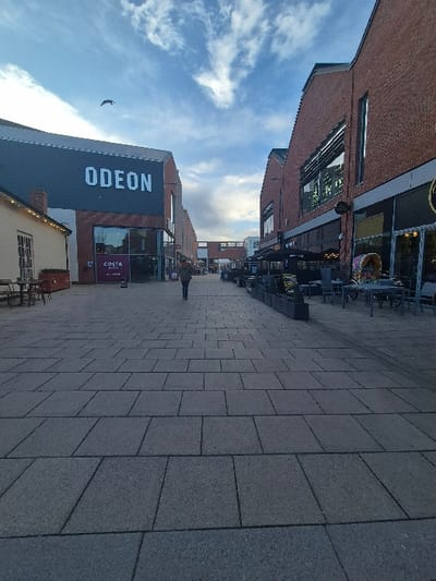 The image displays a pedestrianized commercial and leisure area at The Old Market in Hereford, United Kingdom. The perspective is ground-level, looking down a wide pathway flanked by buildings.
To the left, a light-colored building with red outdoor seating abuts a two-story structure featuring a dark grey facade with the prominent white text "ODEON" and a glass storefront below, revealing "Costa Coffee" signage.
To the right, a continuous row of red brick buildings extends into the distance. These structures incorporate large ground-floor windows and multiple outdoor seating arrangements with dark tables, chairs, and several black patio umbrellas. Planters containing green foliage line the walkway edge on this side.
A single individual, dressed in dark attire, walks away from the camera in the mid-ground, centered on the paved pathway.
The ground is composed of dark grey rectangular paving slabs. The sky above is partially cloudy with visible blue patches. A dark bird is captured in flight in the upper-left quadrant of the sky.