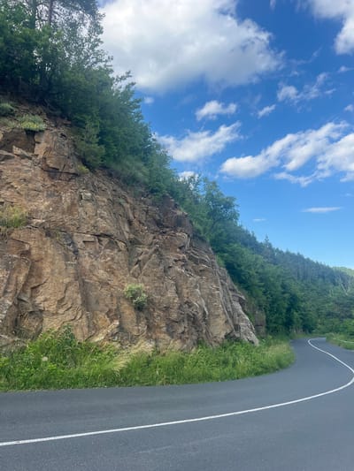 The image shows a paved road curving to the right, bordered by a steep, rocky cliff face on the left and a dense forest on the right. The cliff is composed of rough, fractured rock in various shades of brown and tan, with patches of green grass and small plants growing from its crevices. The forest behind the cliff is lush and green, with a mix of deciduous and coniferous trees. The sky above is a bright blue with scattered white clouds. The road has a white dashed line marking the center. The scene appears to be a natural landscape, likely in a mountainous or hilly region, possibly near Pechinska, Bulgaria, given the context. There are no people or animals visible in the image. The lighting suggests it is daytime, with sunlight illuminating the scene.
