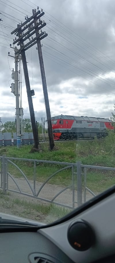 The image, taken from inside a vehicle, depicts a train passing in Irbit, Russia. A red and grey train with the "PZD" logo is visible on the tracks behind a grey metal fence and overgrown green vegetation. In the foreground are wooden utility poles with electrical equipment attached, extending towards a cloudy sky.
