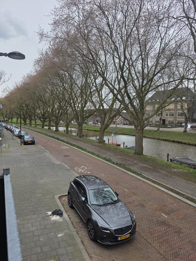 View from an elevated position overlooking a street in Breda, Netherlands. A canal runs parallel to the street, lined with trees bare of leaves. A gray car with license plate "XK-166-S" is parked on a brick bicycle lane, which is positioned between the canal and the pedestrian walkway. Litter, consisting of a black plastic bag and scattered white material, is located adjacent to the car on the walkway. The image includes other parked cars along the street in the distance. A multi-story building is visible in the background, across the canal. The sky is overcast.