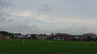 A wide-angle, eye-level view captures a residential area adjacent to a vibrant green rice paddy field in Geulangganggampong, Indonesia. The sky is overcast with scattered clouds, suggesting a diffused light.
In the foreground, the lush green rice paddy dominates the lower half of the image. Several white and blue flags are intermittently placed throughout the field, some appearing to be attached to poles. In the far left of the field, a solitary figure is visible, appearing to walk.
Behind the rice paddy, a collection of houses and buildings stretches across the middle ground. These structures vary in architectural style, with some featuring red tile roofs and others with corrugated metal roofing. A few taller, more modern buildings are present on the right side of the frame, including one with a prominent beige dome. Trees and vegetation are interspersed among the buildings.
The overall scene depicts a blend of rural and developing urban landscape, with the agricultural field meeting a growing residential zone under a cloudy sky.