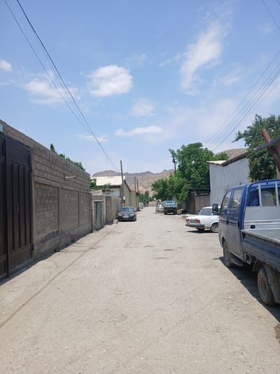 The image shows a street scene in the village of Pasky-Arik, Kyrgyzstan. The street is unpaved and lined with buildings and fences on both sides. Several vehicles are parked along the street, including a blue pickup truck in the foreground, a white car, and a dark sedan. Trees and hills are visible in the background. The sky is blue with scattered white clouds. The overall impression is one of a rural or semi-urban setting.