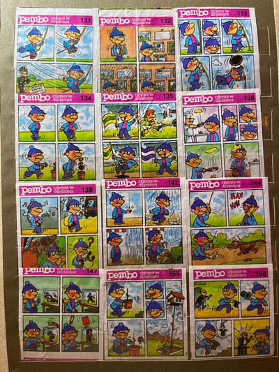 This image is a collection of comic strip panels featuring cartoon characters. The panels are arranged in a grid and appear to be from a sticker book or similar publication. Each panel has a pink header with the word "pembo" and some Turkish text. The numbered captions range from 131 to 158. The characters are drawn in a simple, colorful style. The scenes depicted include everyday activities, some with humorous or fantastical elements. There is no indication of the location being Kramatorsk, Ukraine.