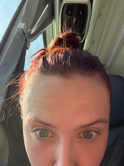 A close-up, slightly off-kilter, portrait shows a person with fair skin, green eyes, and auburn-tinged dark hair pulled back in a messy bun. The person appears to be seated inside a vehicle, likely a bus or van, judging by the interior window shades and air conditioning unit visible in the background. A black seatbelt is also partially visible. The background is blurred, but shows a bright sky outside the window. No information is available to confirm the location in Mar'evka, Russia, or any action, interaction, or subject.