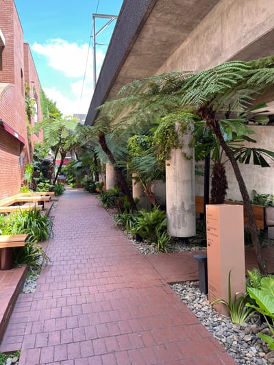 The image captures a vibrant pedestrian walkway and landscaped area beneath a large concrete overpass or elevated structure. The pathway, made of red brick pavers in a herringbone pattern, extends from the bottom right into the background.

To the left of the path, a lush garden bed features abundant greenery, including large ferns with long, arching fronds, various tropical plants, and climbing vines. Several robust, cylindrical concrete pillars are integrated into this green space, appearing to support the overhead structure. Dark grey gravel fills the ground around the plants.

On the right side of the pathway, a narrower strip of gravel and greenery is present, along with a tall, light brown rectangular signpost. The signpost displays black text with directional arrows. Visible phrases include "ELECTRIC STREET" and part of another street name, possibly "L... WORKING AVENUE," along with other smaller text.

Above the planting and pillars, a massive concrete structure forms the ceiling of this passage. On the far left, a bright blue sky with scattered white clouds is visible, indicating clear, sunny daylight. In the distance on the left, parts of brick buildings with reddish-brown roofing tiles and arched windows can be seen, partially obscured by more foliage. A metallic structure, possibly part of urban infrastructure, is also visible against the sky. No people are present in the scene. The overall impression is one of a verdant urban oasis or a well-maintained public space in bright daytime conditions.