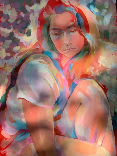 This is a painting of a woman's upper body, depicted with broad, expressive brushstrokes and a vibrant, multi-colored palette. The woman is shown in a seated or crouching position, with her head bowed and her gaze directed downwards. Her body is curved, with one arm tucked in and the other resting on her leg. The painting is characterized by its abstract quality, with the colors blending and overlapping to create a sense of light and shadow. The background is also rendered in a similarly abstract, colorful manner, suggesting a textured or impressionistic environment. There is no discernible location within the city of Arkville, United States of America.
