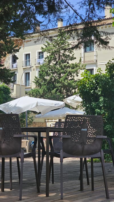 This media file depicts an outdoor seating area with a building in the background. The scene is set on a wooden deck, with several dark metal chairs and tables, some with ornate, patterned backs. The chairs are arranged around the tables, suggesting a space for dining or relaxation.
In the background, a light-colored building with multiple floors and windows is visible. Some windows have wrought-iron balconies. Lush green trees and foliage surround the building and extend into the foreground, creating a natural, outdoor ambiance.
Several white umbrellas are present, some partially furled or open, suggesting that this is a cafe, restaurant, or outdoor bar. One umbrella prominently displays the text "EL ÁGUILA" in black lettering, along with other smaller, less legible text, possibly branding or advertising. Another umbrella shows the text "COCA-COLA".
The lighting suggests it is daytime, with sunlight casting shadows. The weather appears to be pleasant, conducive to outdoor activities. The overall atmosphere is relaxed and inviting, typical of a Mediterranean setting. The location context provided is Alhama De Aragón, Spain, which aligns with the visual cues of a building with balconies and abundant greenery. There are no people visible in the scene, but the setup implies a place where people would gather.