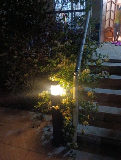 An outdoor nighttime scene in Türkan, Azerbaijan features a lighted walkway and stairs. A black garden lamp with a white light illuminates the foreground, casting shadows on the stone-tiled ground. A metal handrail, attached to a thick gray pole, runs alongside the lamp and extends up the wooden stairs to the right. Green vines with small white and yellow flowers climb the handrail and pole. The background is dark, with dense foliage on the left and the entrance to a building on the right. A portion of a window with bars is visible behind the foliage. Two individuals, one in a yellow top and the other in pink slippers, are partially visible near the building's entrance, standing on the tiled walkway.