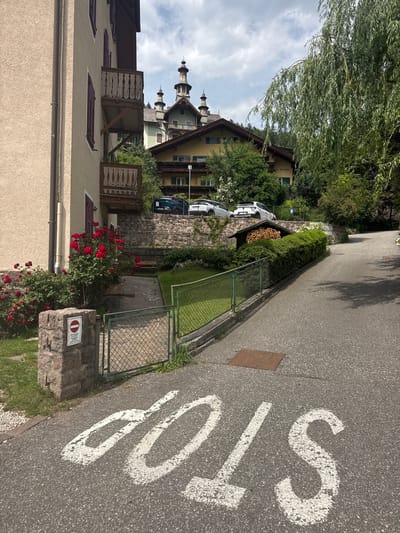 The image depicts a residential street in Urtijëi - St. Ulrich in Gröden - Ortisei, Italy. The scene is a view from a slight downward angle, looking across a paved road with a white "STOP" sign painted on it. The road is bordered by a green metal fence, beyond which is a well-maintained lawn and a stone wall with a sign indicating a prohibition. Adjacent to the lawn is a small wooden structure filled with firewood, nestled behind a dense green hedge.
Further into the background, several houses with traditional alpine architecture are visible. One house is a light yellow color with dark wooden trim and shutters, featuring decorative balconies. Another building, taller and with a more ornate roofline, has multiple spires or towers. Several cars are parked along the side of the road. A lush green tree with long, drooping branches dominates the upper left of the frame. A vibrant bush with bright red roses is in the foreground, near the bottom right.
The lighting suggests it is daytime, possibly late morning or early afternoon, with some clouds in the sky. The overall impression is one of a peaceful, picturesque European village. The visible text includes the word "STOP" on the road and text on a white sign with a red circle and line, indicating a prohibition.