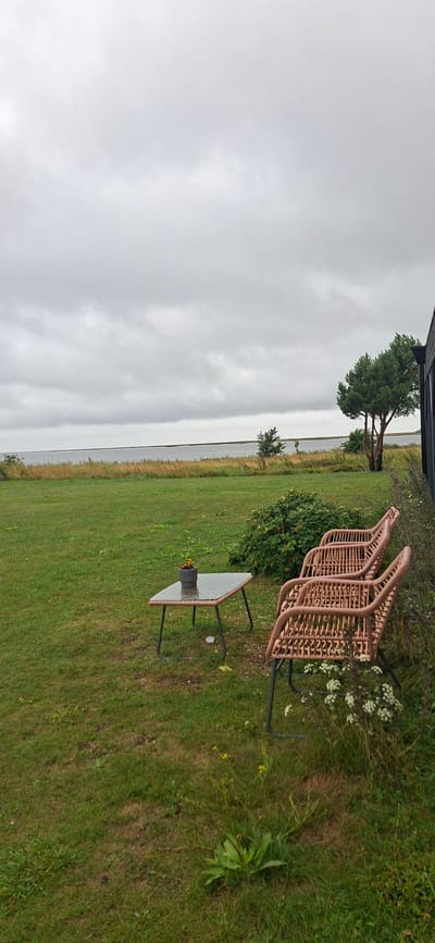 This media file depicts an outdoor scene on an overcast day in Sääre, Estonia. The foreground features a patio set consisting of a glass-topped table with a gray pot containing yellow flowers, and several wicker chairs. The chairs are stacked together, suggesting they are not in use. Behind the patio furniture is a lush green lawn that slopes towards a body of water, likely the sea, which is visible in the background. A treeline separates the lawn from the water, with reeds or tall grasses growing along the shoreline. A dark building, possibly part of a house or other structure, is visible on the far left edge of the frame. The sky is filled with heavy, gray clouds, indicating a gloomy or rainy day. The overall atmosphere is one of quiet stillness, with no people or visible activity. The time of day is indeterminate due to the overcast conditions.