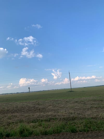 The image shows a wide, open landscape under a bright blue sky with scattered white clouds. The foreground is a field with cut grass and some green vegetation. Beyond this field, there is a larger, green field that appears to be agricultural land. A single wooden utility pole stands in this field, with power lines stretching horizontally across the image. In the distance, there is a line of trees and some buildings, suggesting a settlement. On the left side of the image, a tall, slender tower with what appears to be a light or signal on top is visible in the distance. The overall impression is one of a rural, possibly agricultural, area.
