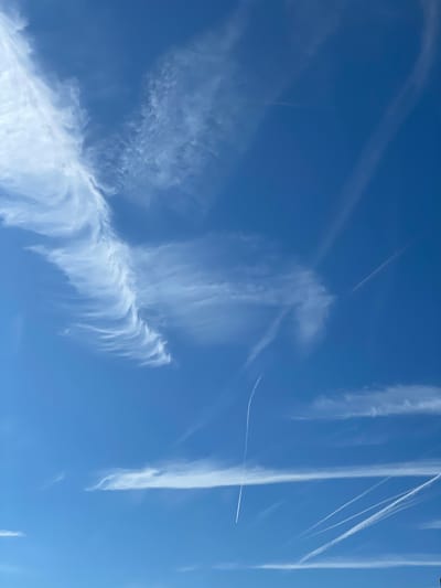 This is a photograph of a bright blue sky with scattered wispy white clouds and contrails from aircraft. The image appears to be taken from ground level, looking upwards. There are no people, structures, or discernible landmarks visible that would specifically place it in Lokeren, Belgium. The clouds are varied, with some appearing stretched and feathery, possibly cirrus clouds, and others are more condensed. Several distinct contrails crisscross the sky at different angles and lengths, indicating recent airplane activity. One prominent contrail runs diagonally from the upper right towards the center, and another longer, fainter one stretches horizontally across the lower third of the frame.