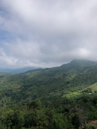 This is a wide-angle, elevated, photographic image capturing a lush, green mountain landscape under a cloudy sky. The mountains, densely covered with trees and vegetation, recede into the distance. The sky is overcast with large, grey clouds, with patches of lighter blue visible in the upper left portion. A prominent mountain peak in the middle ground is partially obscured by mist or clouds. In the foreground and mid-ground, the terrain is rugged and heavily forested, with various shades of green indicating different types of foliage. A few power lines and pylons are visible on the right side of the image, suggesting some human infrastructure within the natural environment. The location is identified as Nam Hải, Vietnam. There are no people or animals visible in the image. The overall impression is one of a vast, verdant, and somewhat wild natural landscape.