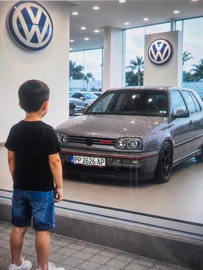 A young boy, seen from behind, stands on a paved sidewalk outside a modern building, looking into a showroom. He is wearing a black t-shirt and denim shorts, with white sneakers. Inside the showroom, a grey Volkswagen Golf GTI is parked. The car has a black grille with a red GTI emblem, and a license plate that reads "PP 2626 AP". Two large Volkswagen logos are visible on the walls of the showroom, one on the left and another on a pedestal further in. Palm trees can be seen through the large windows of the showroom, suggesting a location with a warm climate. The scene appears to be a car dealership in Maasvlakte, Rotterdam, Netherlands, possibly during a rainy day as evidenced by water droplets on the car's surface and the windows.