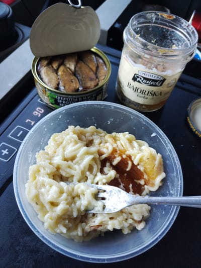 A partially eaten meal of rice and what appears to be fish in oil is served in a clear plastic container. Next to it, an open can of sardines and a glass jar of spread are visible. A fork rests in the rice, suggesting the meal is being consumed. The background indicates the setting is likely inside a vehicle, with a digital display showing "1.90" and buttons for volume control. The scene is captured in natural light, with a focus on the food items. No specific location in Pforzheim, Germany, can be identified from the image.
