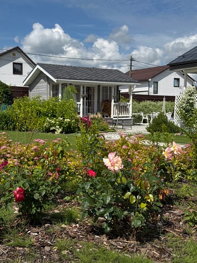The image shows a residential backyard with a small house and lush greenery in the city of Oliki, Russia. The backyard features a well-maintained garden with various flowering plants, including roses and smaller pink blossoms. A small, grey wooden house with a white porch and railing is visible in the background, surrounded by dense bushes and trees. In the distance, other houses with tiled roofs and white siding are seen, along with a white lattice fence and outdoor furniture. The sky is blue with scattered white clouds, suggesting a pleasant day. The ground is covered with grass and mulch. There are no people or animals visible in the image.