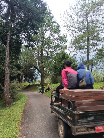 A winding asphalt road is lined with trees and grassy verges. Two figures sit on the back of a truck, traveling along the road. Further down, a person stands near a parked motorcycle, while another sits on the grass nearby. The sky is overcast, and the surrounding landscape is a mix of trees and greenery. The focus is on the two people on the truck, with the rest of the scene providing context for their journey.