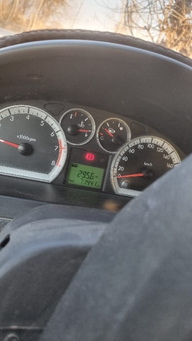 The image depicts the instrument cluster of a stationary vehicle in Yangi-Khayat, Uzbekistan. The tachometer shows 0 rpm, the temperature gauge indicates cold, and the fuel gauge is near empty. The speedometer reads 0 km/h. A digital display presents a trip meter reading of "295.6" and an odometer reading of "71441." A red parking brake warning light is illuminated. A portion of the dark-colored steering wheel is visible in the foreground. Through the windshield, a background consisting of bare trees and dry vegetation under a light sky is observable, indicating an outdoor, possibly natural or undeveloped setting. No individuals are present in the scene.
