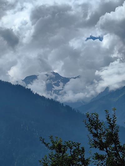 The image depicts a mountain landscape under a cloudy sky, likely in Chhyal, India. In the foreground, lush green foliage is visible, framing the scene from the bottom right and bottom center. Beyond the foliage, steep mountain slopes covered in dense pine trees recede into the distance. The middle ground is dominated by a large mountain peak partially obscured by thick, dramatic clouds. Patches of snow are visible on the upper slopes of this mountain. The sky is filled with heavy, grey clouds, with a small patch of blue visible through a gap. The overall impression is one of a rugged, natural environment with dynamic weather conditions. There are no people or animals visible in the image.