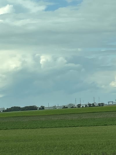 The image depicts a wide, horizontal landscape with a focus on agricultural fields and an industrial background under a cloudy sky. In the foreground, there are two distinct bands of green grass. The lower band is a vibrant, lighter green, while the band above it is a darker, more muted green. These fields appear to be well-maintained, suggesting agricultural use.
In the middle ground, a slightly elevated line of dark green vegetation runs horizontally across the frame, potentially a hedgerow or a line of trees. Behind this vegetation, a distant industrial area is visible. This industrial zone features multiple tall, slender chimneys or smokestacks, some with visible markings or bands. There are also several low-rise industrial buildings and structures, including what appears to be a large, grey crane or gantry structure on the far right. The overall impression of the industrial area is one of significant scale and activity.
The sky above is filled with a dense layer of grey and white clouds, with patches of blue sky visible in the upper portion of the image. The lighting suggests an overcast day, possibly with some sunlight filtering through the clouds, creating a diffused, soft light.
The specific location in Красненскі сельскі Савет, Belarus, is characterized by this blend of agricultural land and industrial development, a common feature in many rural or semi-urbanized areas where industry coexists with farming. The scene is static and devoid of any visible human presence or activity.