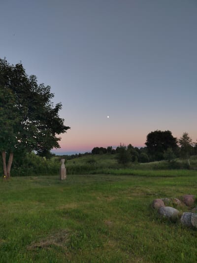This media file depicts a serene landscape at dusk. The scene is set in a grassy field with scattered rocks in the foreground. A large tree with dark green foliage stands prominently on the left side of the image, its trunk partially visible. In the middle ground, a unique stone sculpture stands on a concrete base, adding an artistic element to the natural setting. Beyond the sculpture, the land gently slopes upward, covered in green grass and dotted with various trees and shrubs, forming a picturesque backdrop.
The sky displays a gradient of soft colors, transitioning from a pale blue at the top to hues of pink and orange near the horizon, indicative of either sunrise or sunset. A faint crescent moon is visible in the upper left portion of the sky. A few small, dark specks are scattered in the sky, which could be birds or insects. The overall atmosphere is peaceful and tranquil, suggesting a quiet evening in a rural or natural environment. There is no visible text in the image. The location context provided is Лынтупскі сельскі Савет, Belarus.