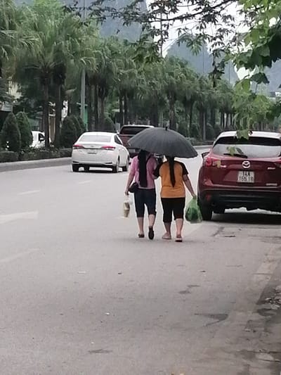 Two women are walking on a paved road under a black umbrella in Ha Tu Ward, Vietnam. One woman is wearing a pink shirt and dark shorts, carrying a white plastic bag. The other woman is wearing an orange shirt and dark shorts, carrying a green plastic bag. To the right of the women is a red Mazda SUV with license plate "14A 165.16". To the left of the women is a white sedan. A row of trees lines the road on both sides, with mountains visible in the background.