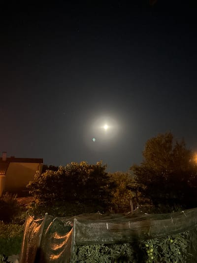 The image depicts a night scene with a full moon illuminating the sky above a residential area. In the foreground, there are trees and a garden covered with netting. A building with a tiled roof is visible on the left side of the frame. The moon is the brightest object in the sky, with a slight green lens flare. Several faint stars are also visible. The overall atmosphere is serene and nocturnal. The location is identified as Blatets, Bulgaria.